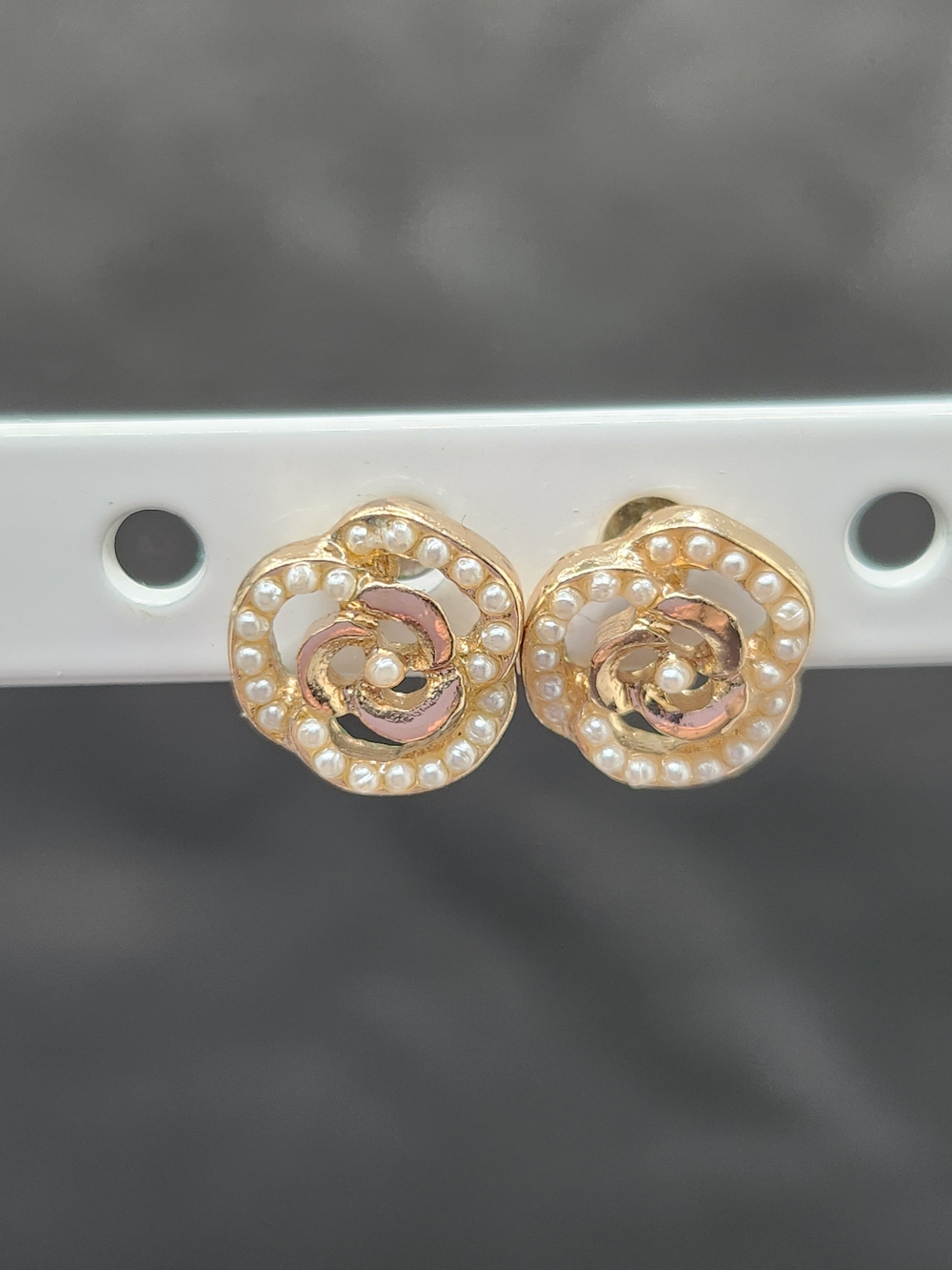 Gold and Pink Pearl Floral Button Earrings